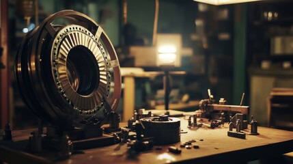 Fototapeta premium Precision engineering, Intricate metalwork on workbench in dimly lit space
