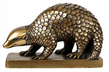 Obraz premium Bronze-toned pangolin statue with overlapping scale detail, posed on a matching rectangular base against a white background.
