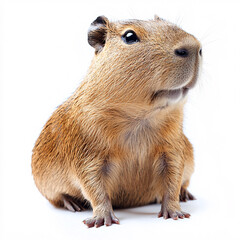 A cute, tan capybara sits upright, gazing inquisitively with bright eyes on a plain white background.