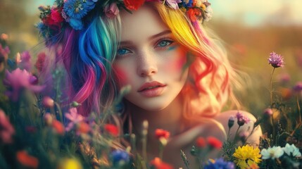A vibrant portrait of a woman with rainbow-colored hair, wearing a floral crown, in a field of wildflowers, soft focus