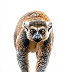 Obraz premium A ring-tailed lemur stares intensely forward with amber eyes, set against a stark white background.