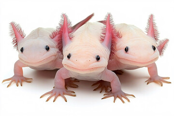 Three pale pink axolotls with feathery gills, curiously staring forward on a stark white background.