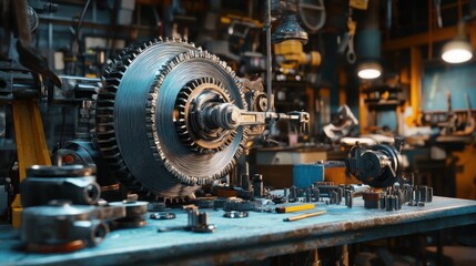 Fototapeta premium Mechanical marvel, Precision engineering in a workshop environment