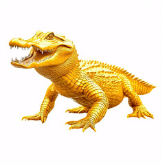 Fototapeta premium Golden alligator with detailed scales and open mouth, set against a bright, isolated white background.
