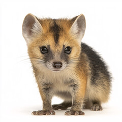 Obraz premium A cute, small, furry animal with large ears and eyes, sits against a clean, white background, looking directly at the camera.