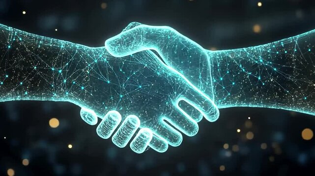 Digital Handshake: Two glowing, digital hands intertwine in a futuristic handshake, symbolizing the power of connection, collaboration, and trust in the digital world.