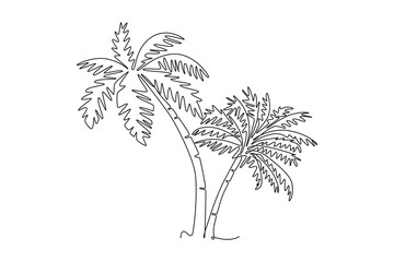 Obraz premium Continuous one line drawing coconut tree logo icon. Decorative cocos nucifera, beach palm tree family concept for greeting hello summer post card. Single line draw design vector graphic illustration