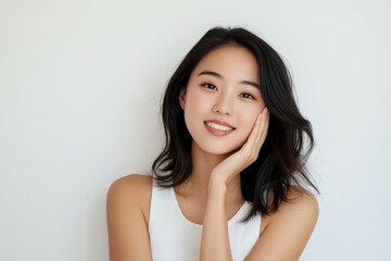 Fototapeta premium A young beautiful woman in her early to mid 20s, smiling and gently touching her face with her hand on a white background. She is wearing a white sleeveless top