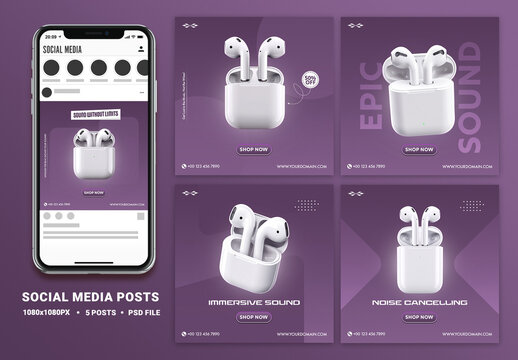 Electronic Sale with White Earbuds, Editable Social Media Set for Product Sale, or Ads.