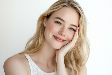 Fototapeta premium A young beautiful woman in her early to mid 20s, smiling and gently touching her face with her hand on a white background. She is wearing a white sleeveless top
