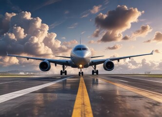 Obraz premium Airplane taking off from runway with clouds in background , airport, departure, airplane