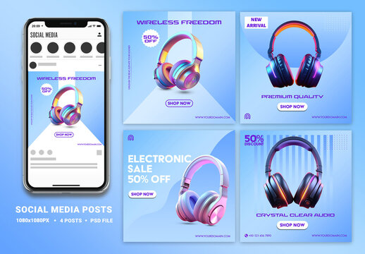 Electronic Sale with Headphones Mockup, Editable Social Media Set for Product Sale, or Ads.