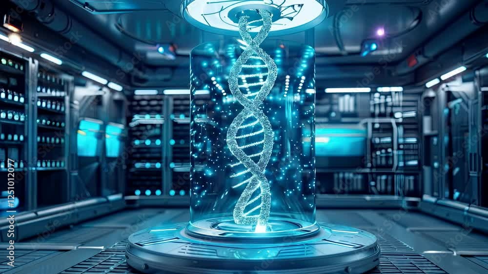 Poster futuristic dna hologram in high tech science laboratory setting