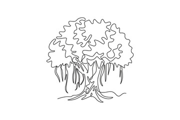 Single one line drawing of shady and leafy banyan tree. Decorative ficus benghalensis plant concept for wall decor home art poster print. Modern continuous line draw design graphic vector illustration