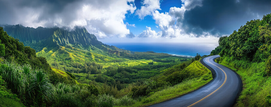 Lush green mountains, winding coastal road, dramatic storm clouds, vibrant blue sky, tropical paradise, panoramic vista, verdant valley, scenic overlook, Hawaiian landscape, curving highway