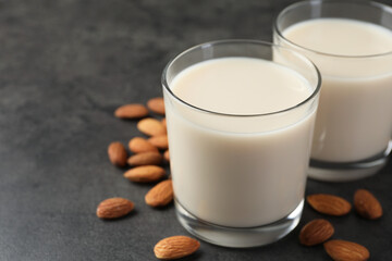 Fresh almond milk in glasses and nuts on dark grey table, closeup