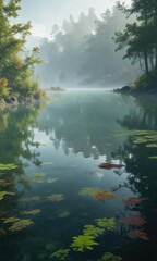 Fototapeta premium Algae drifting through the misty atmosphere over a serene lake, foggy conditions, natural beauty