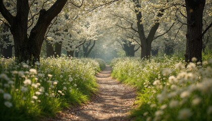 Sun-drenched Path Through Blossoming Meadow, A Serene Spring Landscape