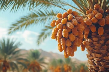 Bunch of dates hanging from palm tree in plantation under blue sky