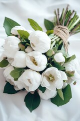 A rustic bouquet of white peonies wrapped with twine, perfect for weddings or celebrations.