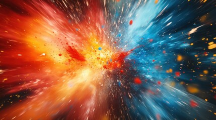 A colorful explosion of paint splashes in mid-air, with contrasting shades of red, blue, and yellow, high-speed photography.