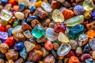 Colorful uncut gemstones and pebbles create vibrant, earthy display
