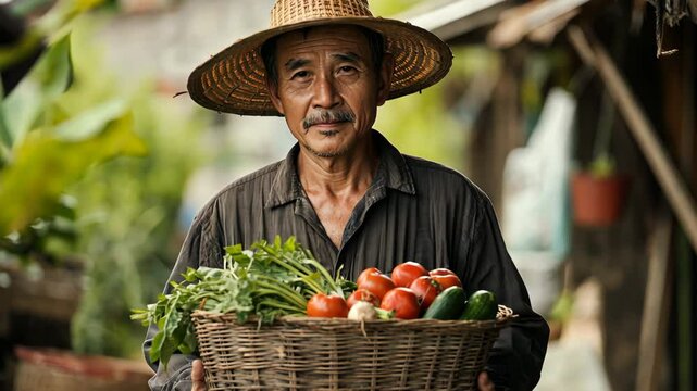 Farmer holding basket filled fresh vegetables. Tomatoes, cucumbers, salad. Rural traditional setting. Man wear straw hat, portrait. Agriculture, ingathering, harvesting. Growing food in the garden.