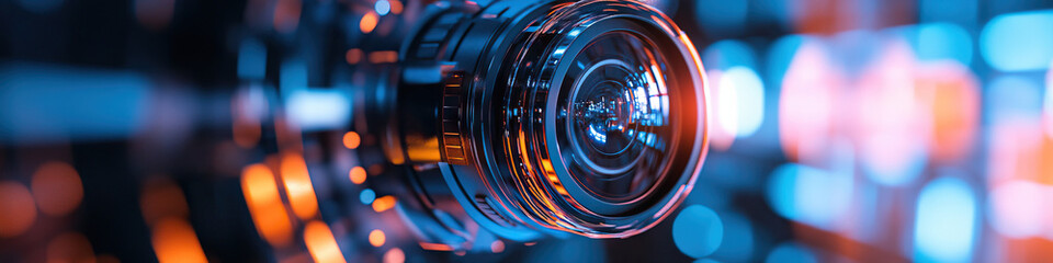 Close-up of a Camera Lens with Blurred Background Lights