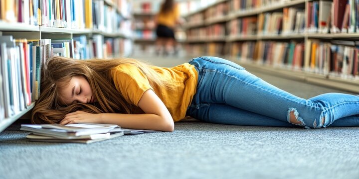 Exhausted student girl sleeping. tired teenage girl overslept in library on floor among books.