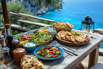 Delicious mediterranean lunch served on a wooden table overlooking the sea