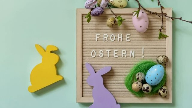 Creative easter display with decorated eggs and bunny silhouettes on pastel background