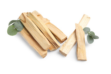 Palo santo sticks and eucalyptus leaves isolated on white