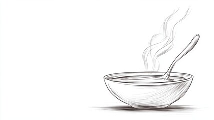 Simple Line Art of a Steaming Bowl of Soup with a Spoon on a White Background for Culinary Themes