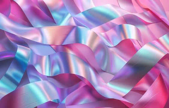 Pastel holographic ribbons with iridescent texture. Fashion background, artistic concept, vibrant colors. 80s, 90s style, cluttercore aesthetic