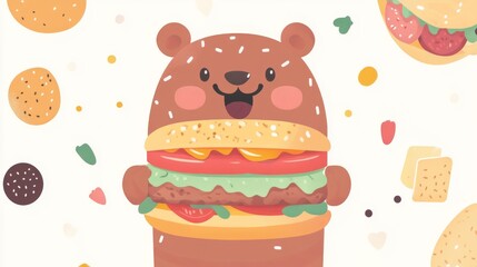 107.A cheerful vector icon of a bear holding a giant burger with a playful smile, surrounded by cartoon food elements. The burger is vibrant with layers of ingredients, and the background is a flat,
