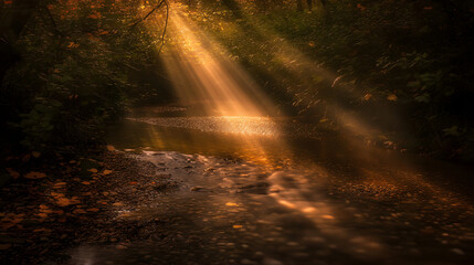 Sunbeams Illuminating a Forest Stream - Magical Autumnal Scene