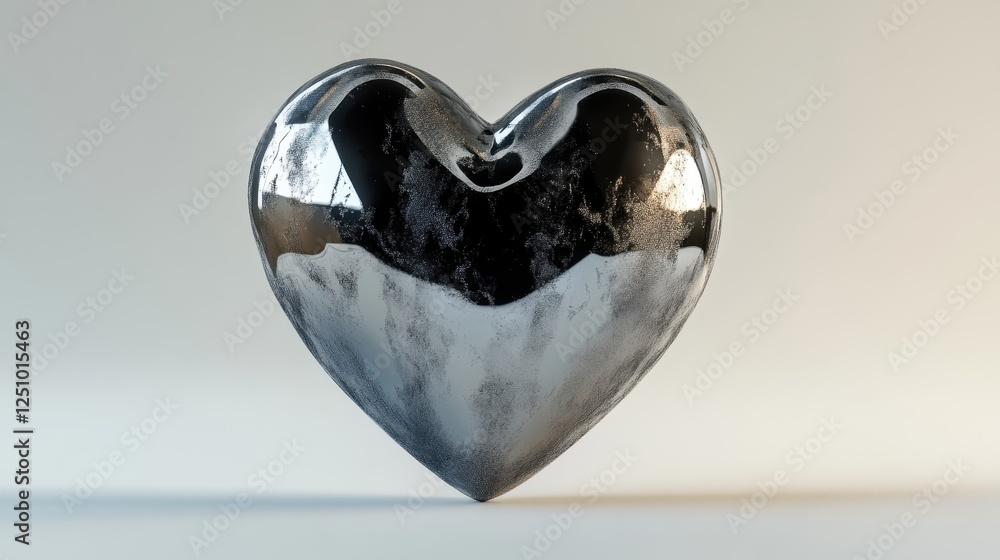 Aufkleber metallic chrome heart 3d render on grey background