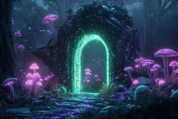 A mystical portal in a dark forest, glowing with neon green and purple energy, surrounded by glowing mushrooms