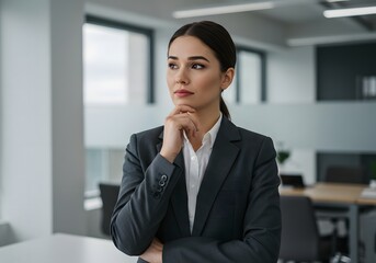 Thoughtful doubtful young professional business woman ceo corporate leader, female manager executive wearing suit standing in office looking away, thinking of business goals. Generative AI