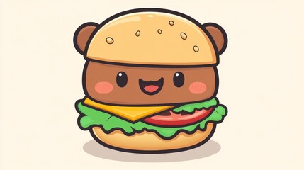 106.A cute bear face drawn as the top bun of a cartoon burger, with lettuce, tomato, and cheese peeking out from the sides. The bear has a joyful expression, and the vector illustration style gives