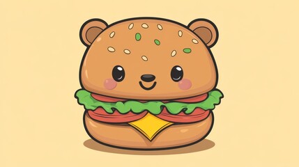 106.A cute bear face drawn as the top bun of a cartoon burger, with lettuce, tomato, and cheese peeking out from the sides. The bear has a joyful expression, and the vector illustration style gives