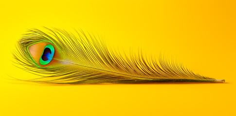 Obraz premium Peacock feather on yellow background