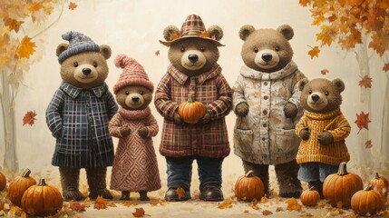 100.A delightful set of bear characters in cozy fall outfits, including plaid shirts, wool hats, and sweaters. The family of bears stands together with autumn leaves and pumpkins scattered around