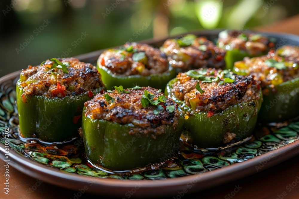 Wall mural Delicious stuffed bell peppers on rustic plate