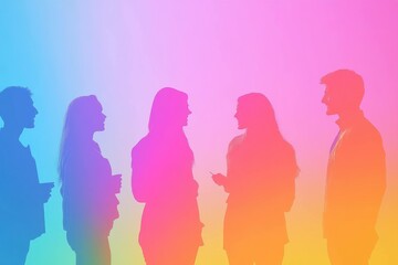 Colorful silhouettes of diverse people engaging in conversation, showcasing emotions, connections, and communication in a vibrant gradient background