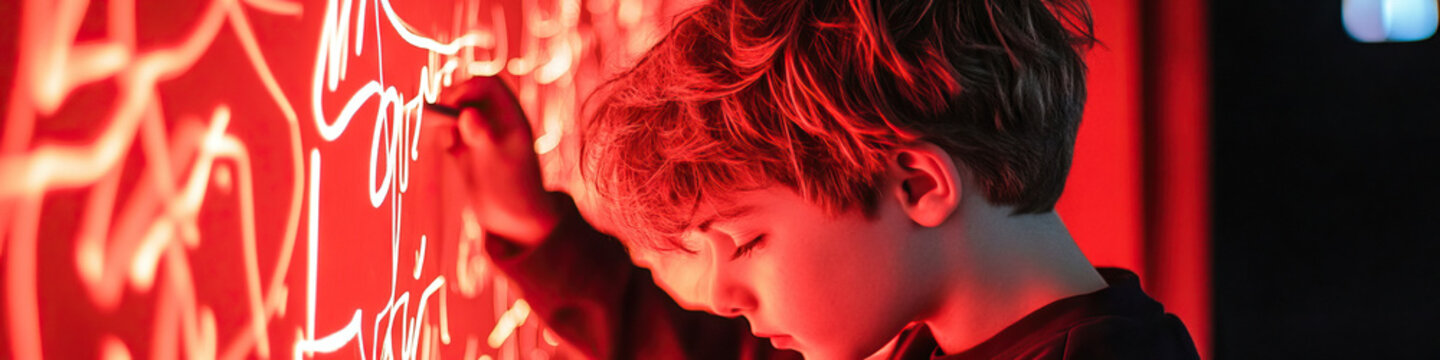 Boy Writing on Red Illuminated Surface with White Script