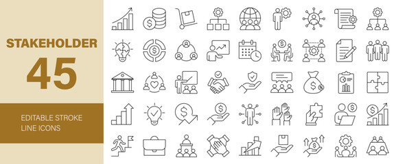 Stakeholder Line Editable Icons set. Vector illustration for web and mobile app. Business related icons: corporation, investor, employee, supplier, government, community, shareholder, and more.