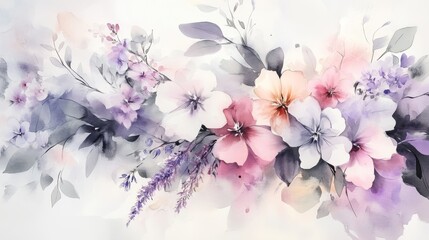 12.A gentle watercolor composition of a bouquet of spring flowers in light tones of pink, lavender, and white, placed on a simple, pale background. The loose brushwork gives the flowers a fresh and
