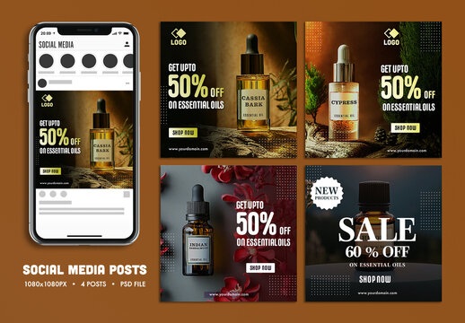 Essential Oil Sale Social Media Posts with Smartphone Mockup for Beauty and Fashion Blogs.