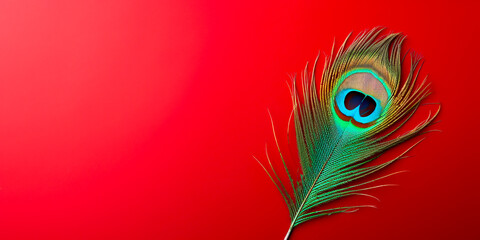 Peacock feather on red background